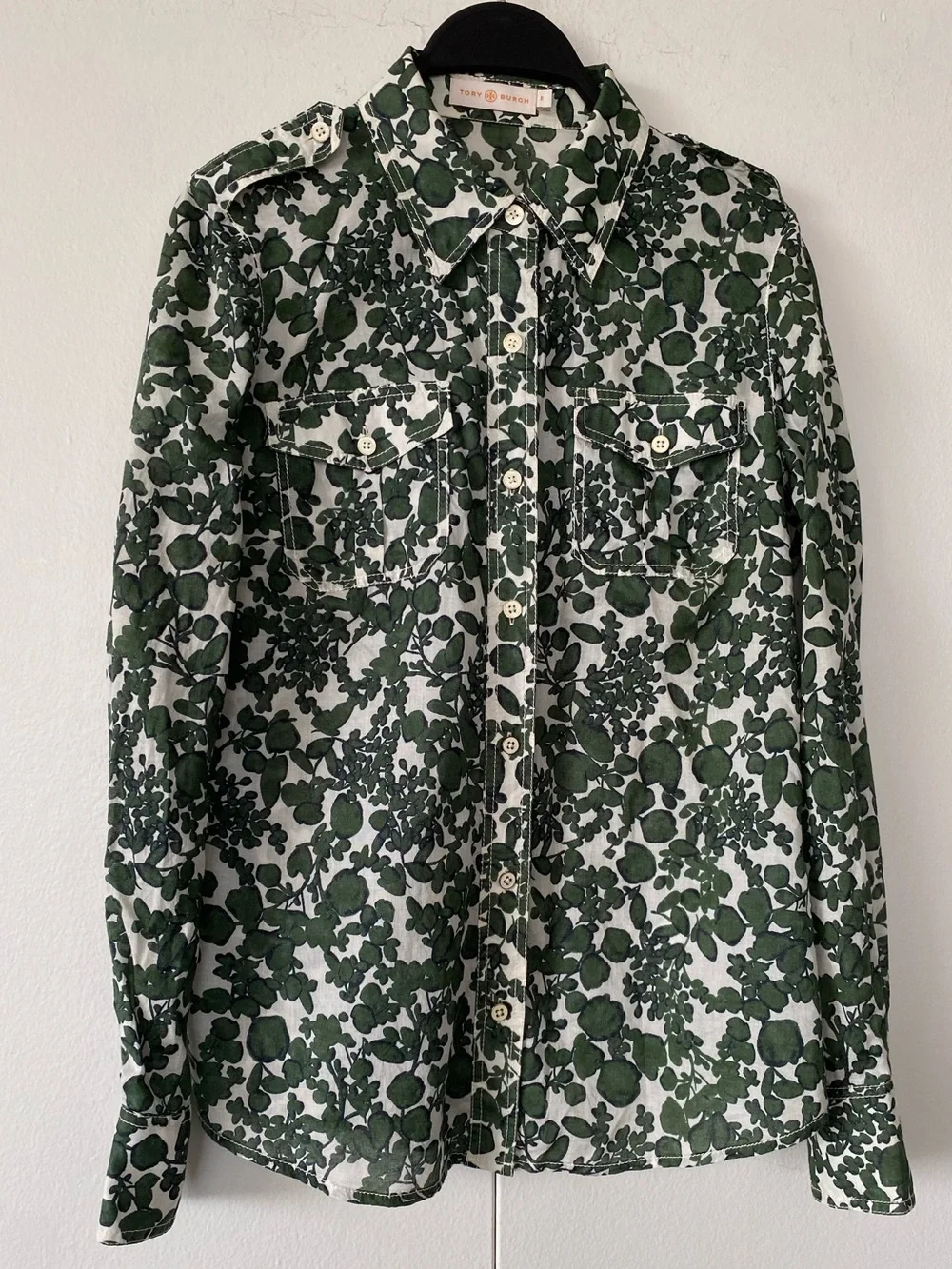 Tory Burch Womens Green White Vine Pattern Brigitte Button Up cotton top Size 6